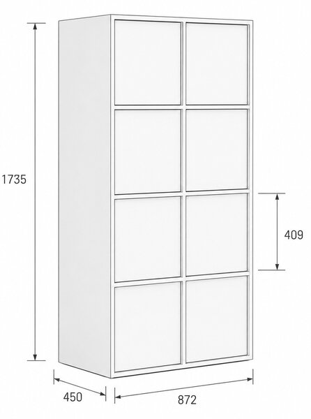 Kancelárska skriňa FRAME, 8x dvere, 872 x 450 x 1735 mm, PUSH-lock, biela