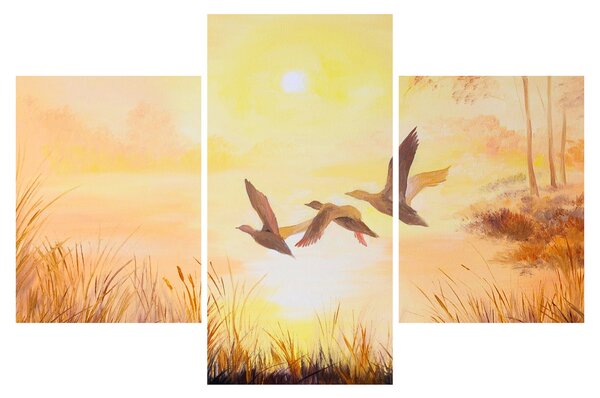 Obraz - Žeriavy pri západe slnka (90x60 cm)