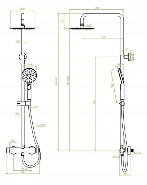 Laveo Volumo, sprchový set s termostatickou batériou 150mm, čierna matná, LAV-PLV_70OB