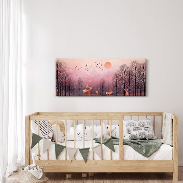 Obraz - Jelene v žiare zapadajúceho slnka (120x50 cm)