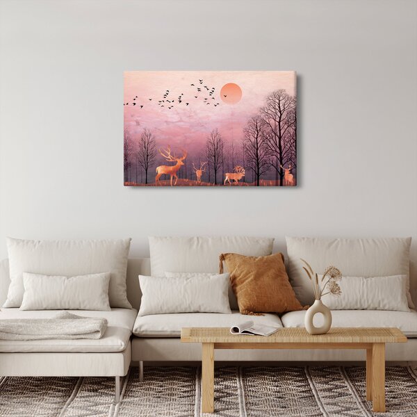 Obraz - Jelene v žiare zapadajúceho slnka (90x60 cm)