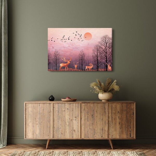 Obraz - Jelene v žiare zapadajúceho slnka (90x60 cm)