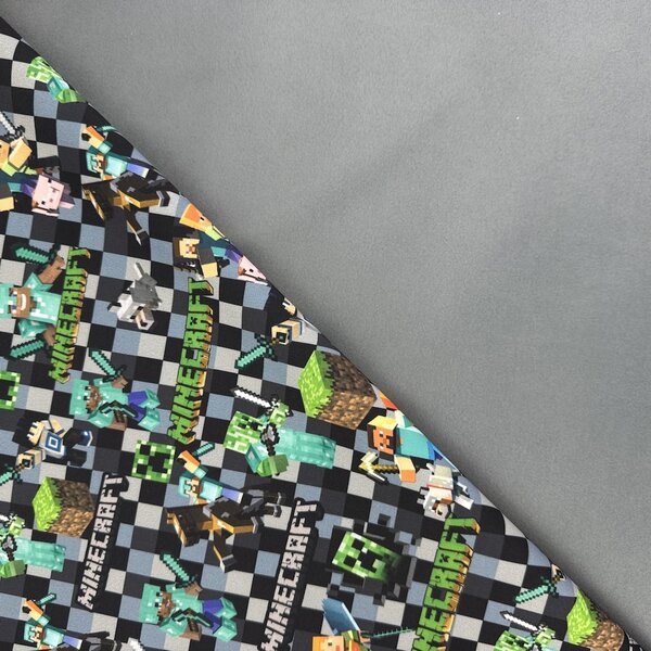 Metráž Softshell digital 280g - Minecraft na sivom