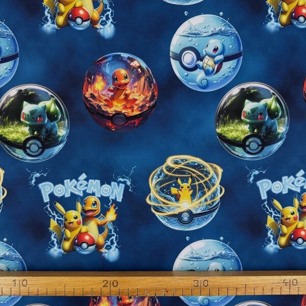 Metráž Softshell digital 280g - Pokémon na modrom