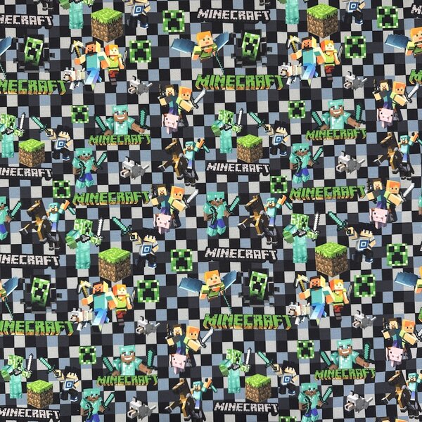 Metráž Softshell digital 280g - Minecraft na sivom