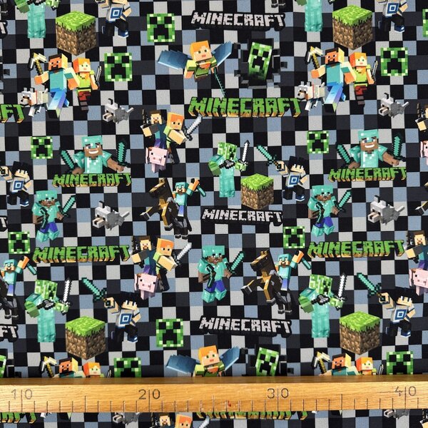 Metráž Softshell digital 280g - Minecraft na sivom