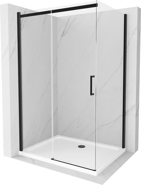Mexen Omega, sprchovací kút s posuvnými dverami 100 (dvere) x 80 (stena) cm, 8mm číre sklo, čierny profil + slim sprchová vanička biela s čiernym sifónom, 825-100-080-70-00-4010B