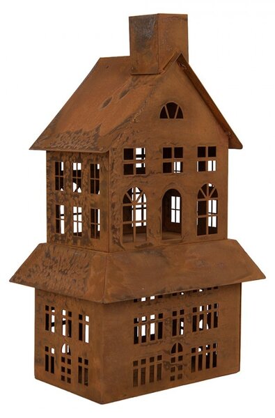 Hrdzavý svietnik v tvare domčeka Rustic Charm - 16*10*31 cm - Clayre & Eef