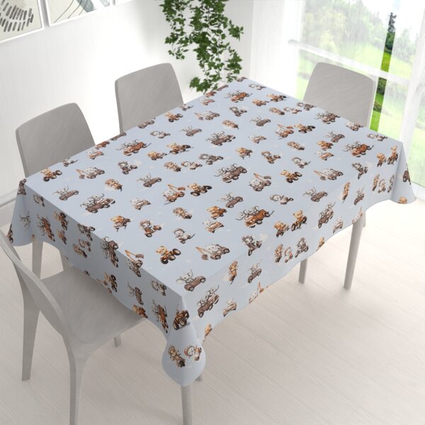 Biante Detský bavlnený obdĺžnikový obrus Sandra SA-629 Zvieratká v autách na modrom 50x100 cm