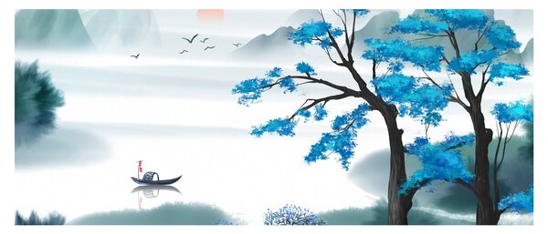 Obraz - Maľované jazero s loďkou (120x50 cm)