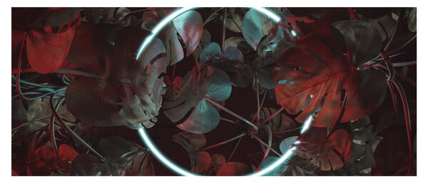 Obraz - Neónový kruh medzi palmami (120x50 cm)