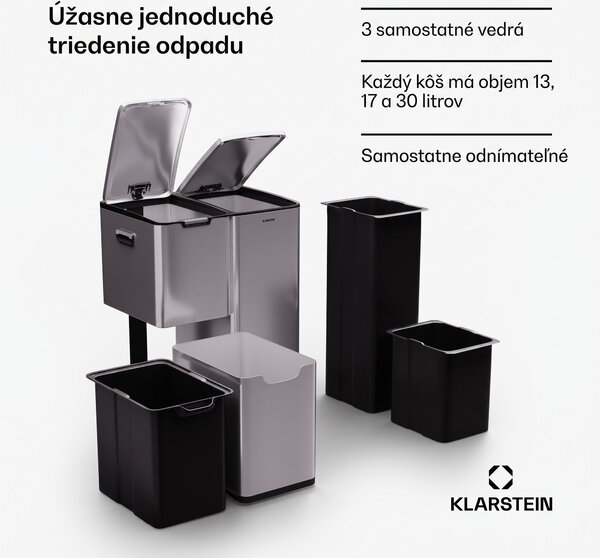 Klarstein Tiyo 3v1 odpadkový kôš 60 l s vyberateľným vedrom a tichým zatváraním