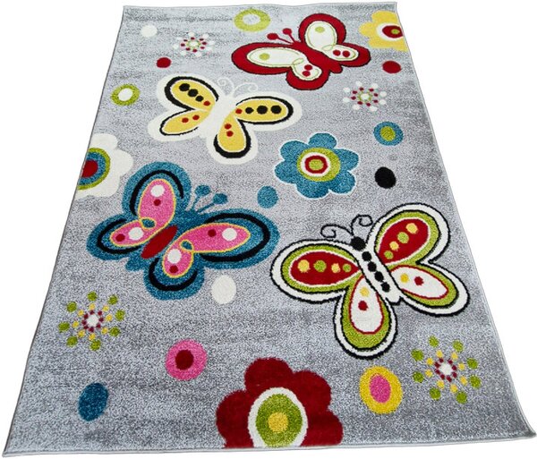 Detský koberec s motýľmi Kids 581 L.grey – sivý viacfarebný Rozmer: 60x100 cm