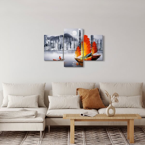 Obraz - Victoria Harbor, Hong Kong, čiernobiela olejomaľba (90x60 cm)