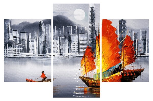 Obraz - Victoria Harbor, Hong Kong, čiernobiela olejomaľba (90x60 cm)