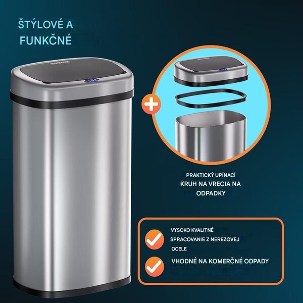 Bezdotykový hranatý odpadkový kôš s USB 50 L - strieborný
