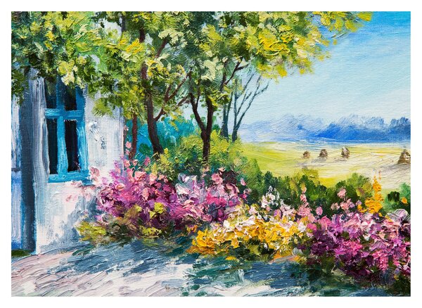 Obraz záhradky pred domom, olejomaľba (70x50 cm)