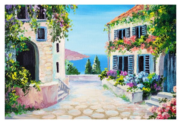 Obraz - Grécka ulička, olejomaľba (90x60 cm)