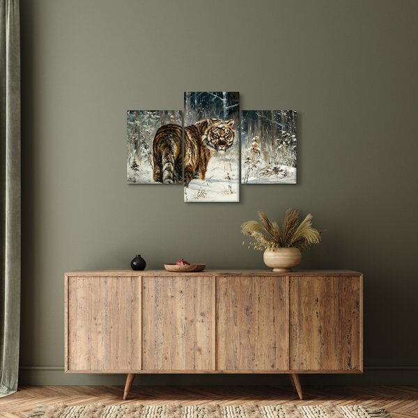 Obraz - Tiger v zasneženom lese, olejomaľba (90x60 cm)