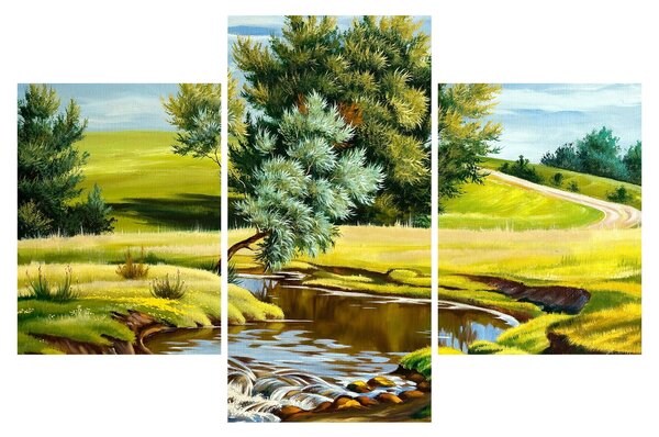 Obraz - Rieka medzi lúkami, olejomaľba (90x60 cm)