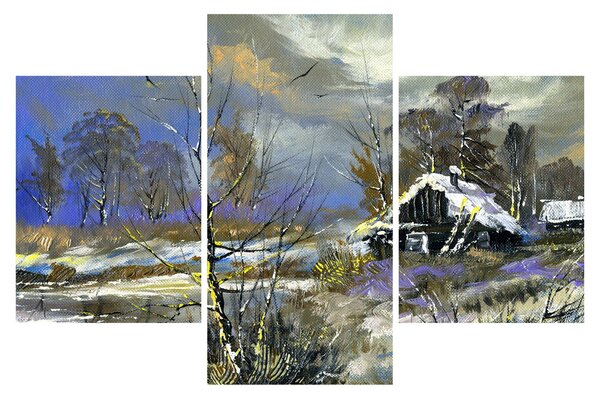 Obraz chalúpky v zimnej krajine, olejomaľba (90x60 cm)