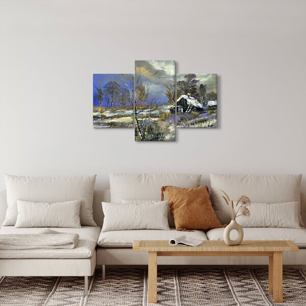 Obraz chalúpky v zimnej krajine, olejomaľba (90x60 cm)