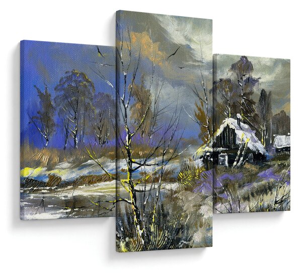Obraz chalúpky v zimnej krajine, olejomaľba (90x60 cm)