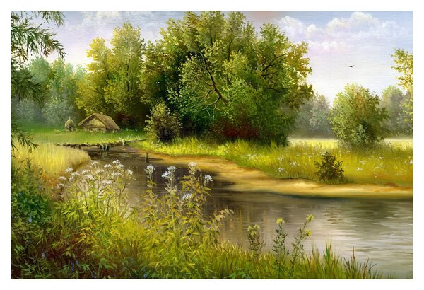 Obraz - Rieka pri lese, olejomaľba (90x60 cm)