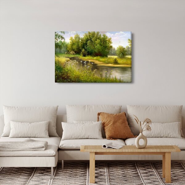 Obraz - Rieka pri lese, olejomaľba (90x60 cm)