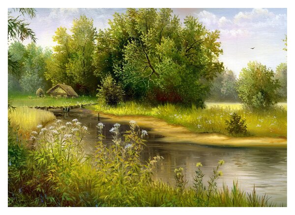 Obraz - Rieka pri lese, olejomaľba (70x50 cm)
