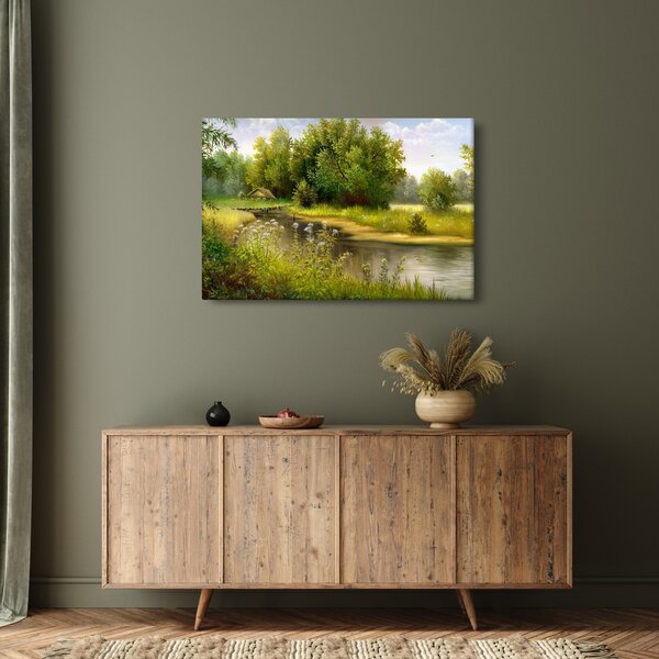Obraz - Rieka pri lese, olejomaľba (90x60 cm)