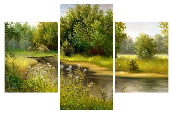 Obraz - Rieka pri lese, olejomaľba (90x60 cm)