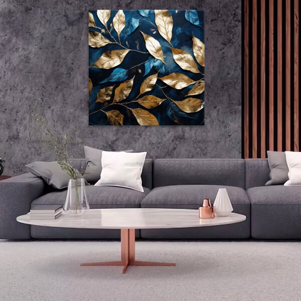 Obraz na plátne - Modro zlaté listy - 40x40 cm