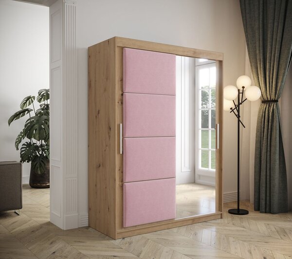 Šatníková skriňa s posuvnými dverami 150 cm TALIA - dub artisan / ružová