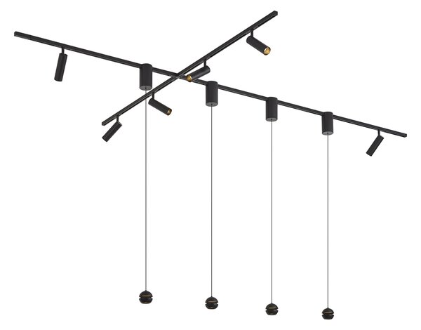 Moderný koľajnicový systém čierny so 6 bodovými svetlami a 4 závesnými svietidlami Easylift 1-fázový - Slimline Uzzy Tira
