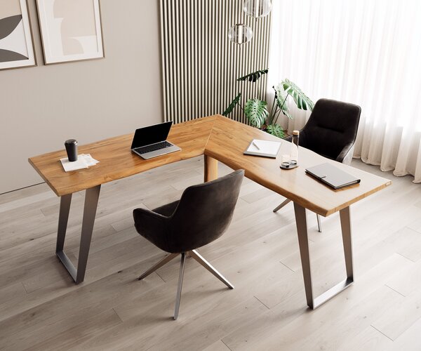 DELIFE Písací stôl Live-Edge 170x170 akácia prírodná podstava strieborná hrana