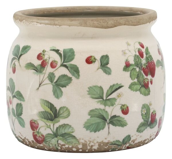 Krémový antik keramický obal na kvetináč s jahôdkami Fraises - Ø 15*13 cm - Chic Antique