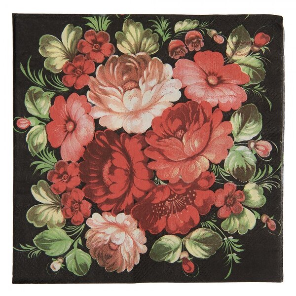 Papierové obrúsky s kyticou ruží na čiernom pozadí - 33*33 cm (20ks) - Clayre & Eef