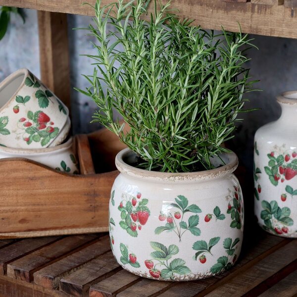 Krémový antik keramický obal na kvetináč s jahôdkami Fraises - Ø 15*13 cm - Chic Antique