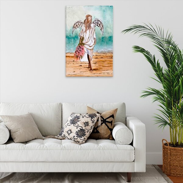 Obraz na plátne - Anjel v piesku s kvetinou - 40x60 cm