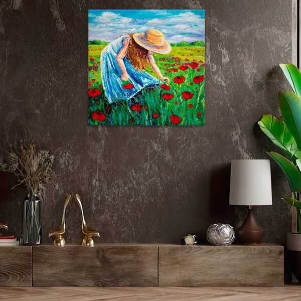 Obraz na plátne - Dievča zbierajúce divoké kvety - 40x40 cm