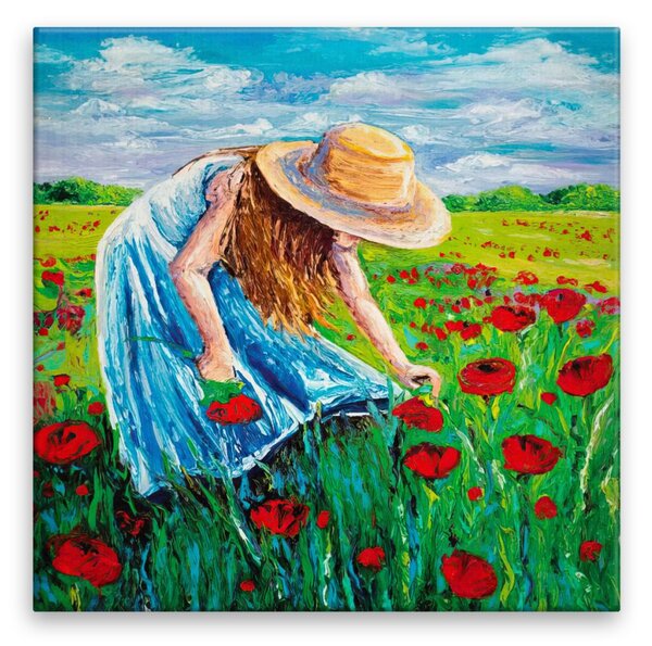 Obraz na plátne - Dievča zbierajúce divoké kvety - 40x40 cm