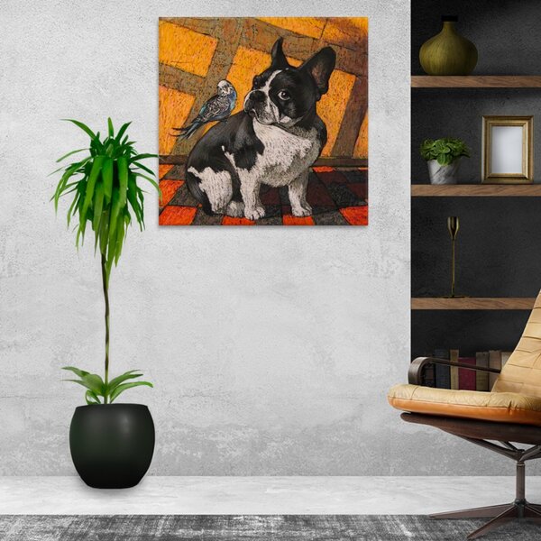 Obraz na plátne - Buldog s vtáčikom - 40x40 cm