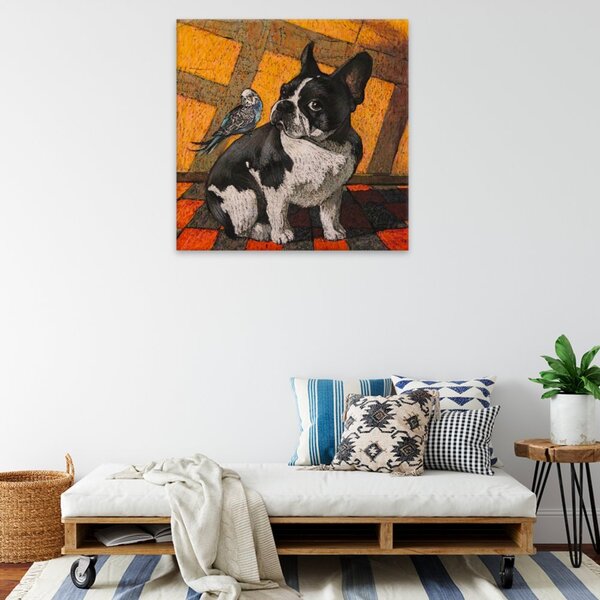 Obraz na plátne - Buldog s vtáčikom - 40x40 cm