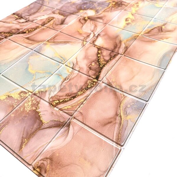 Obkladové panely 3D PVC TP10026178, rozmer 964 x 484 mm, mramor ružovo-zelený so zlatými prvkami, GRACE