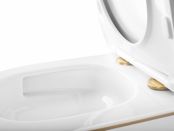 Rea Carlo Mini Tornado, závesná WC misa 490x355x350mm + toaletné sedadlo, biela-zlatý okraj, REA-C6801