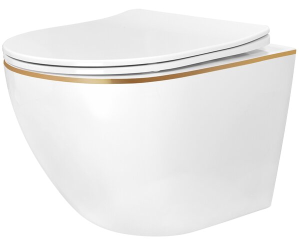 Rea Carlo Mini Tornado, závesná WC misa 490x355x350mm + toaletné sedadlo, biela-zlatý okraj, REA-C6801