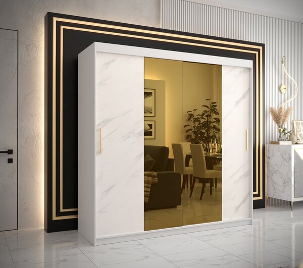 Dizajnová šatníková skriňa so zlatým zrkadlom MADLA 1 - šírka 200 cm, biela