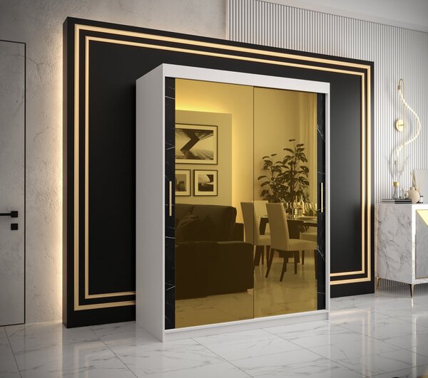 Dizajnová šatníková skriňa so zlatým zrkadlom MADLA 3 - šírka 150 cm, biela / čierna