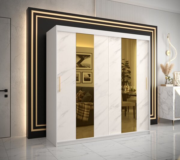 Dizajnová šatníková skriňa so zlatým zrkadlom MADLA 4 - šírka 200 cm, biela